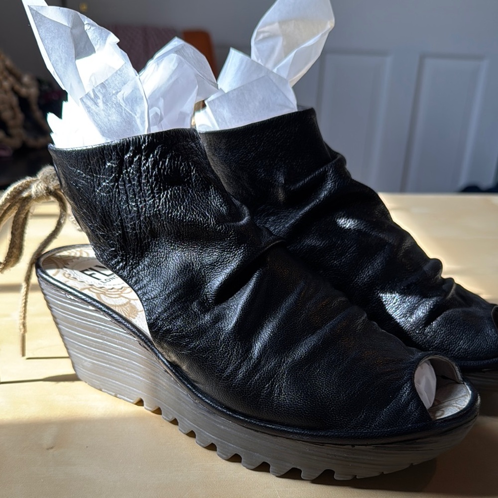 Fly London Yame Women's Black Wedge Sandals Shoes